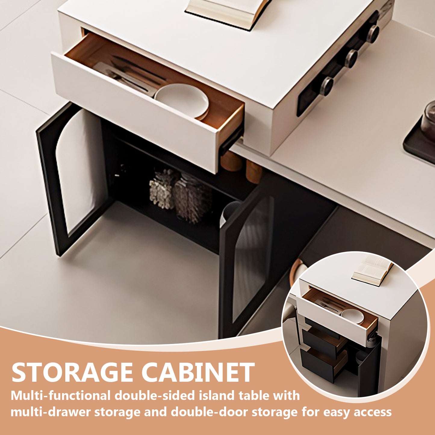 Aihm-Lon Black Kitchen Island with White Extendable Table 66.33"-82.08"