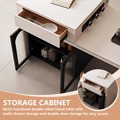 Aihm-Lon Black Kitchen Island with White Extendable Table 66.33"-82.08"