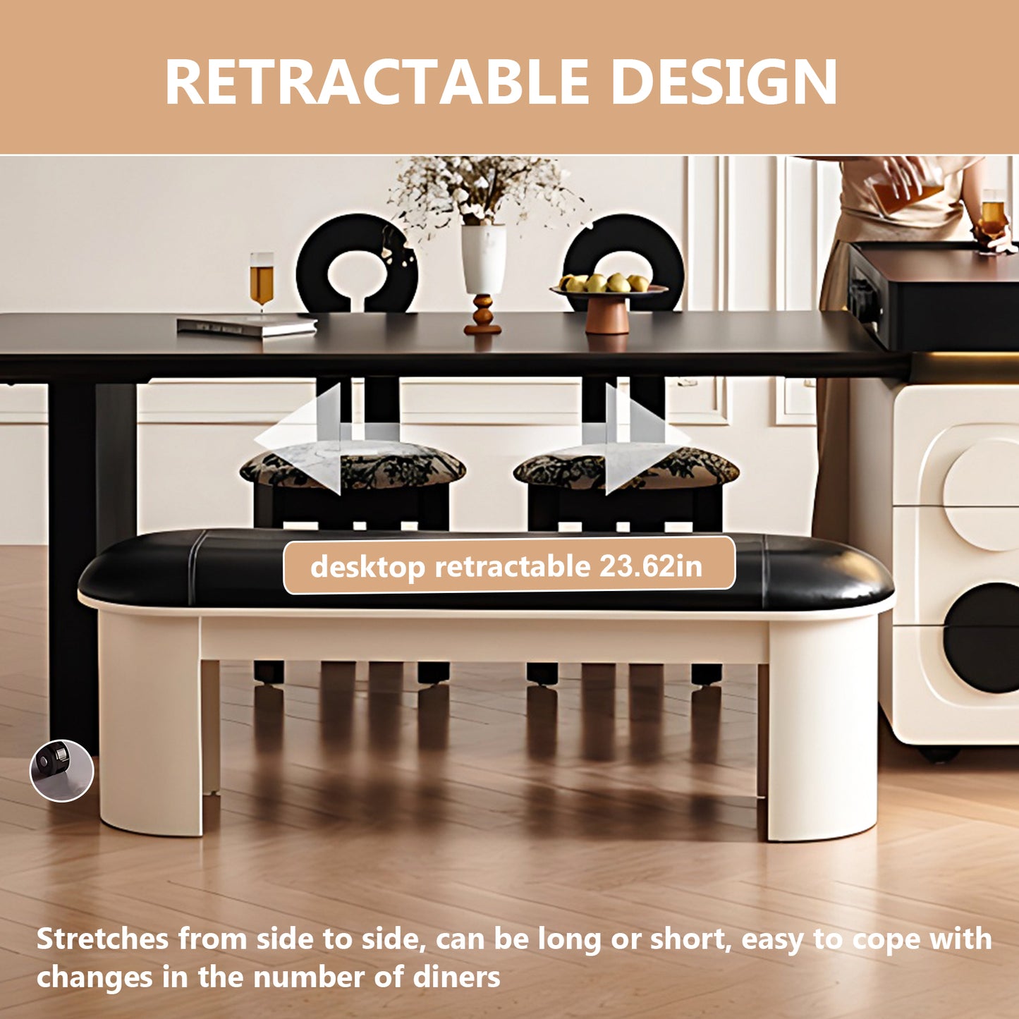 Aihm-Lon Black and White Kitchen Island with Extendable Dining Table 66.92"-82.67"