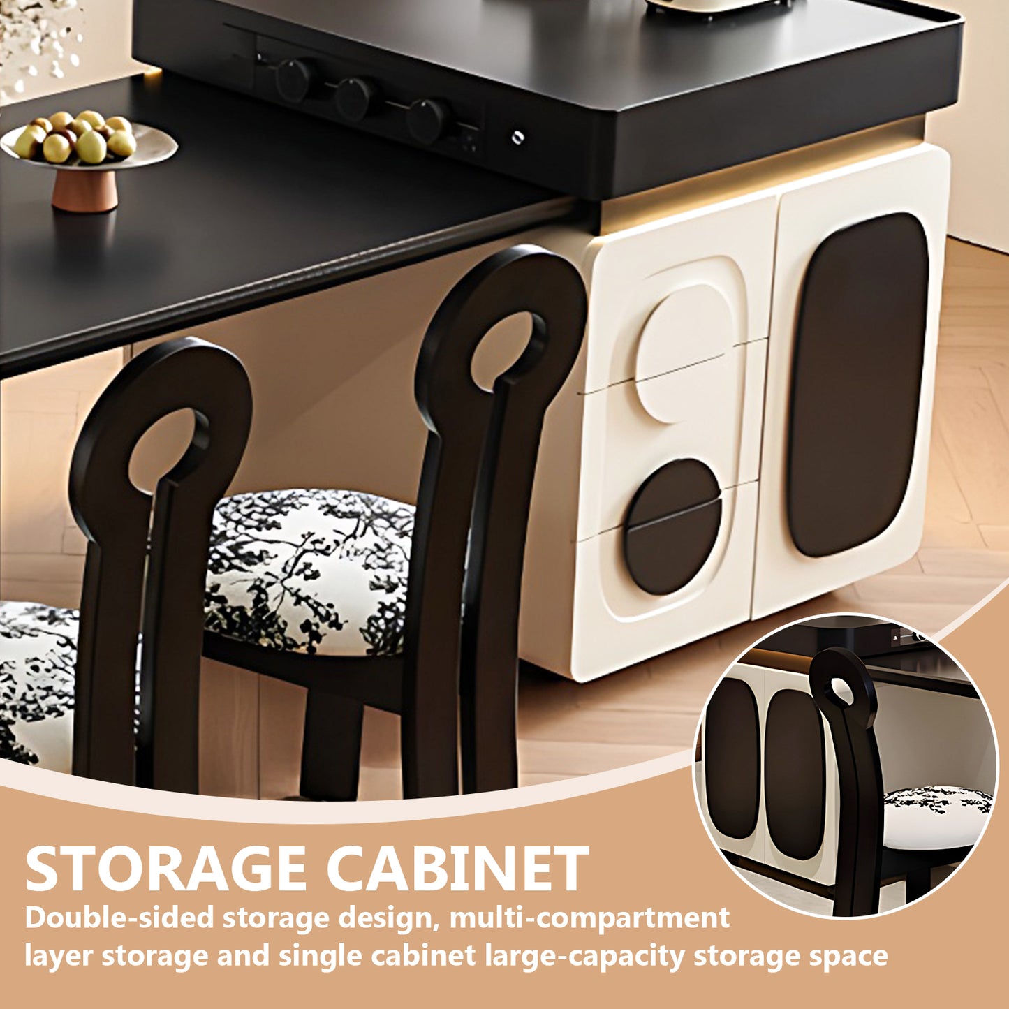 Aihm-Lon Black and White Kitchen Island with Extendable Dining Table 66.92"-82.67"