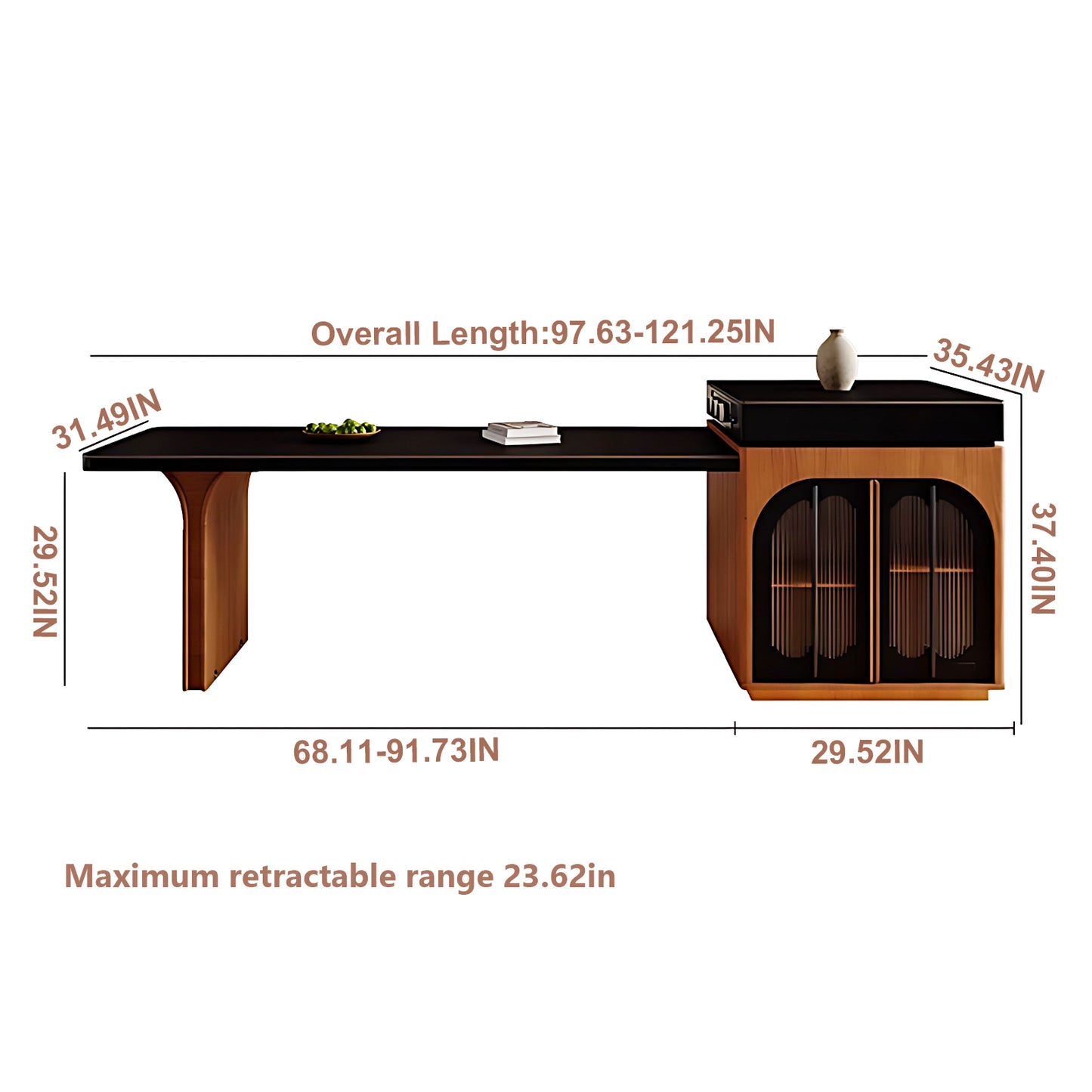 Aihm-Lon Black-Brown Kitchen Island with Extendable Table 74.01"-97.63"