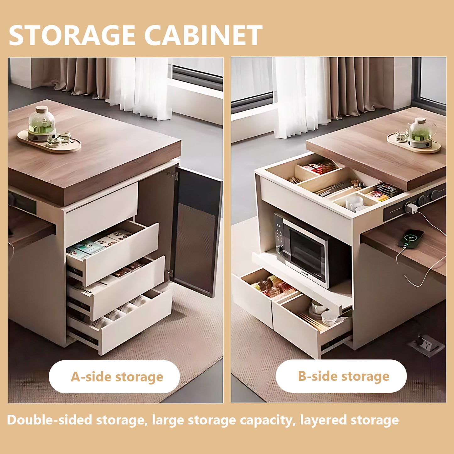 Aihm-Lon Kitchen Island with Extendable Table Appliance Storage 77.95"-89.76"