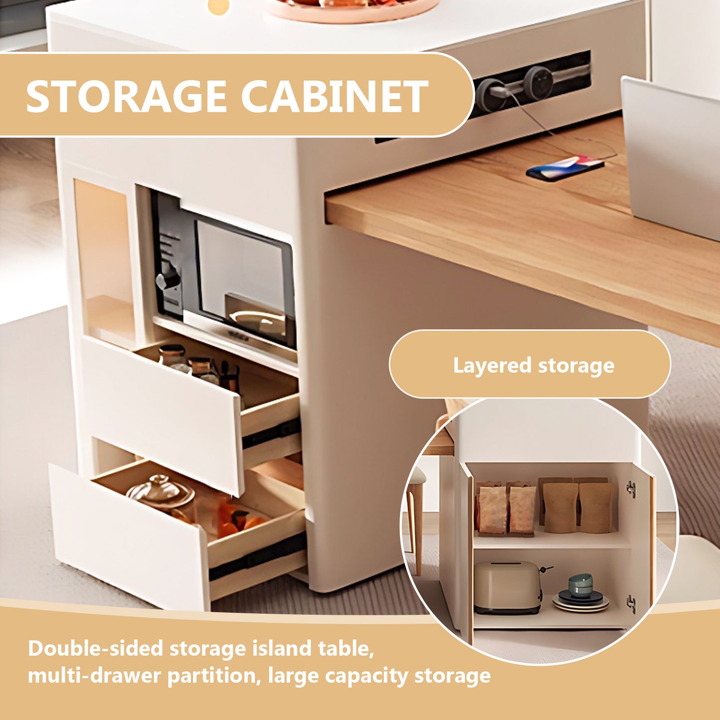 Aihm-Lon Kitchen Island with Solid Wood Extendable Table 66.93"-78.74"