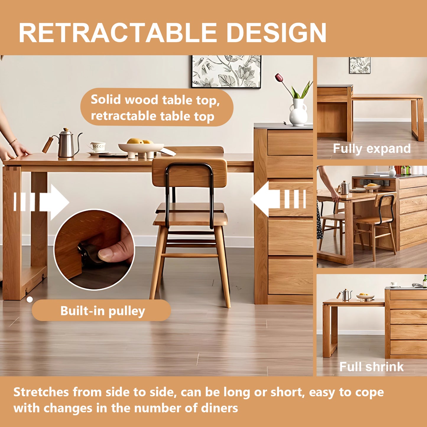 Aihm-Lon Kitchen Island with Black Countertop Extendable Table 52.36"-75.98"