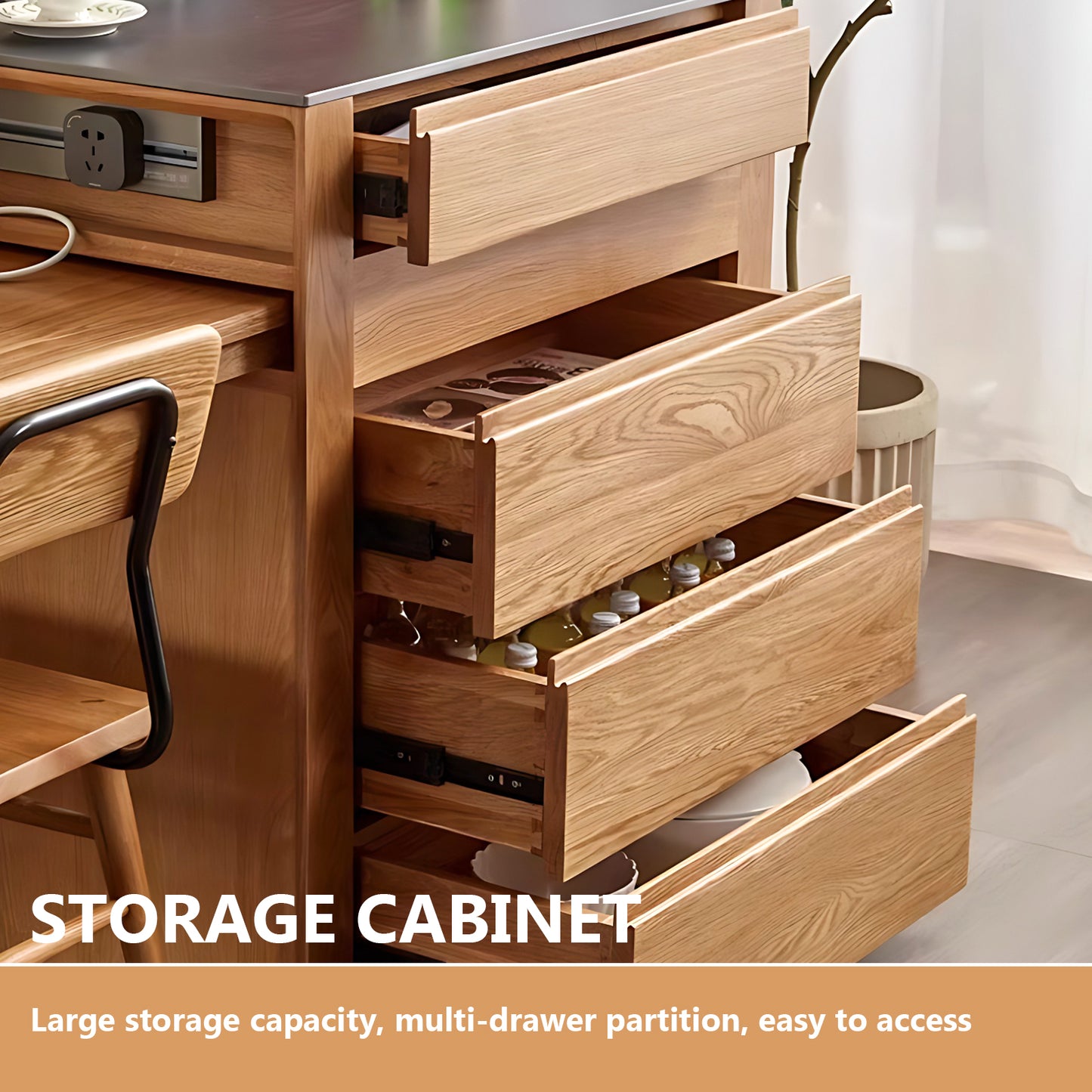 Aihm-Lon Kitchen Island with Black Countertop Extendable Table 52.36"-75.98"