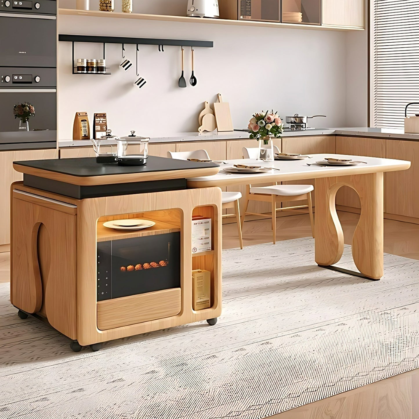 Aihm-Lon Solid Wood Kitchen Island with Extendable Table 94.48"-102.36"