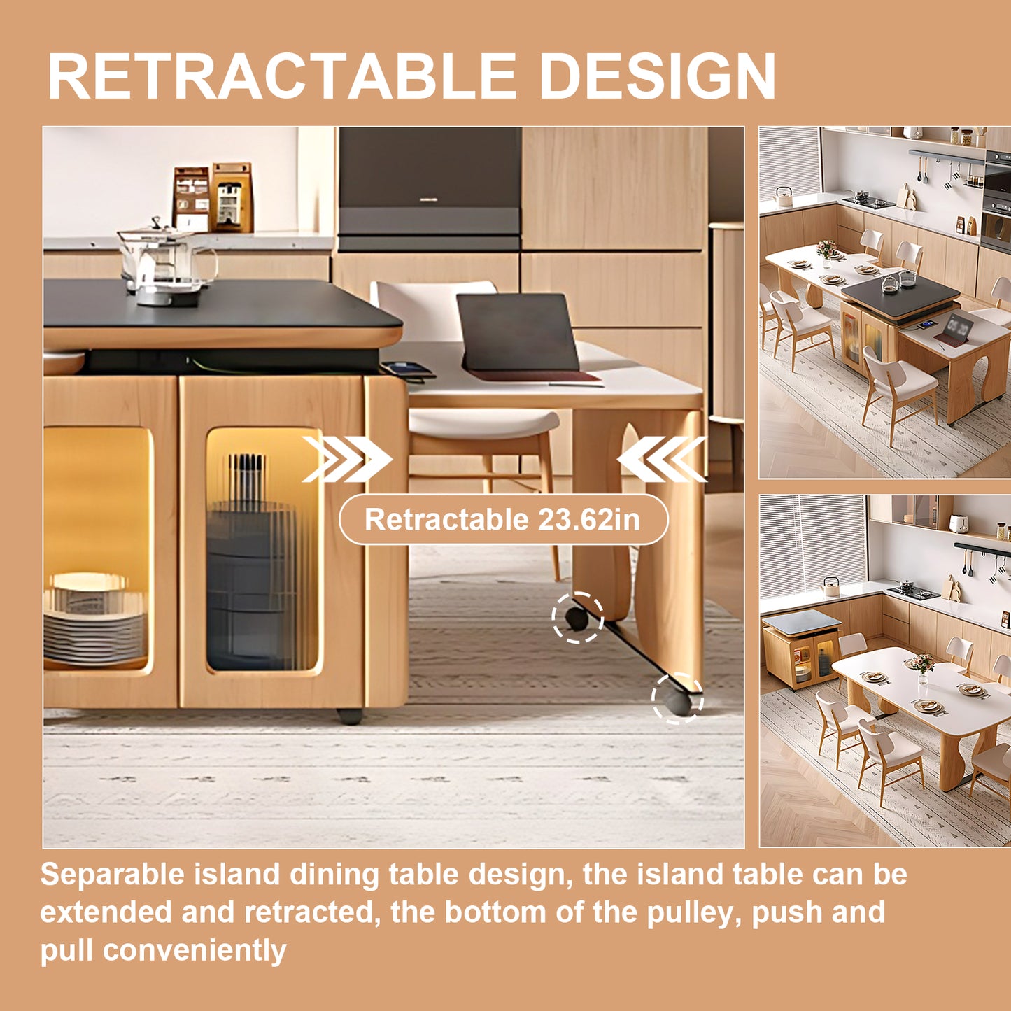 Aihm-Lon Solid Wood Kitchen Island with Extendable Table 94.48"-102.36"