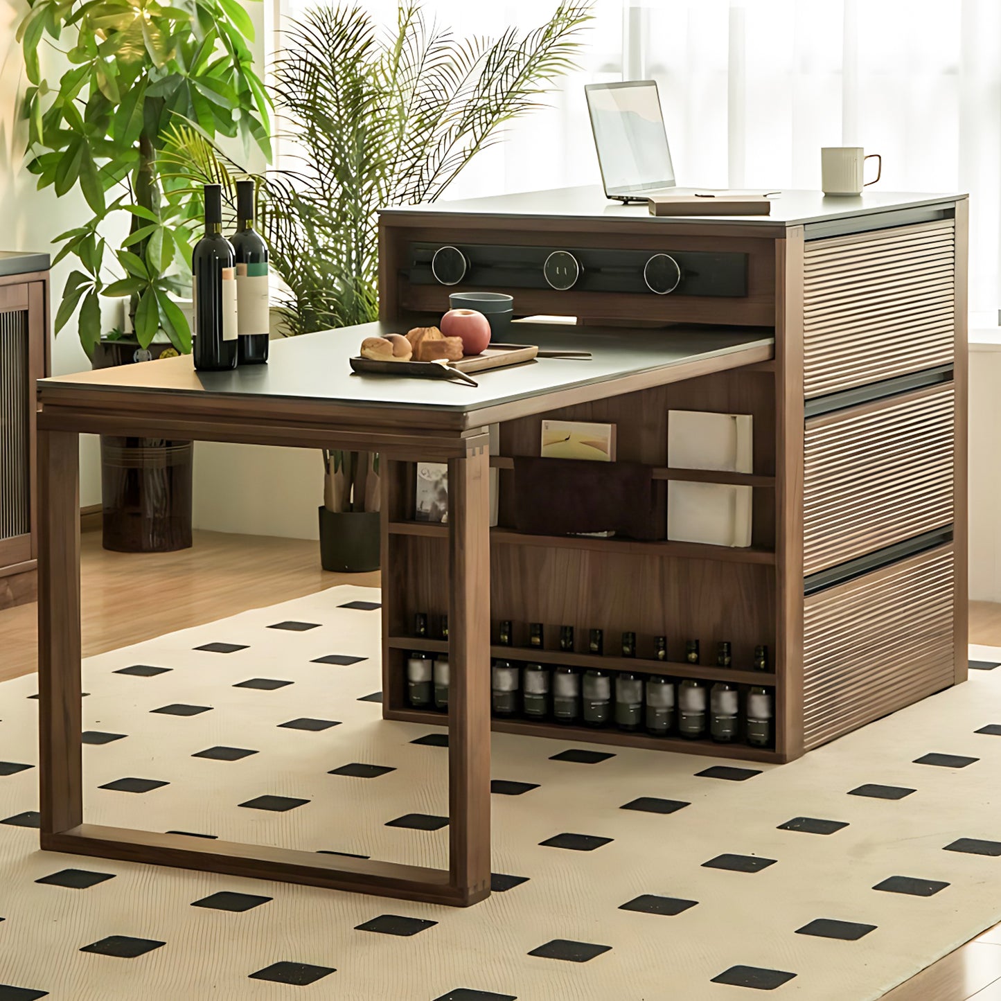 Aihm-Lon Kitchen Island with Extendable Table Wheels Shelves 82.67"-106.29"