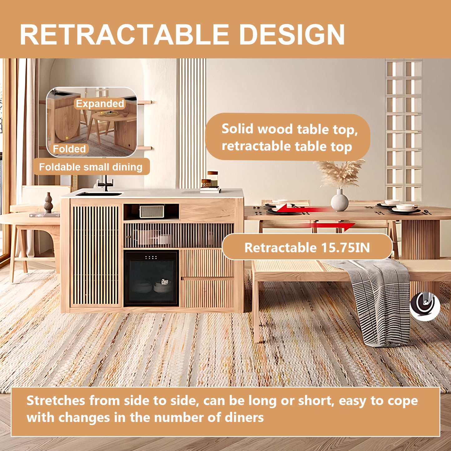 Aihm-Lon Kitchen Island with Extendable Table with Sink 102.36"-118.11"