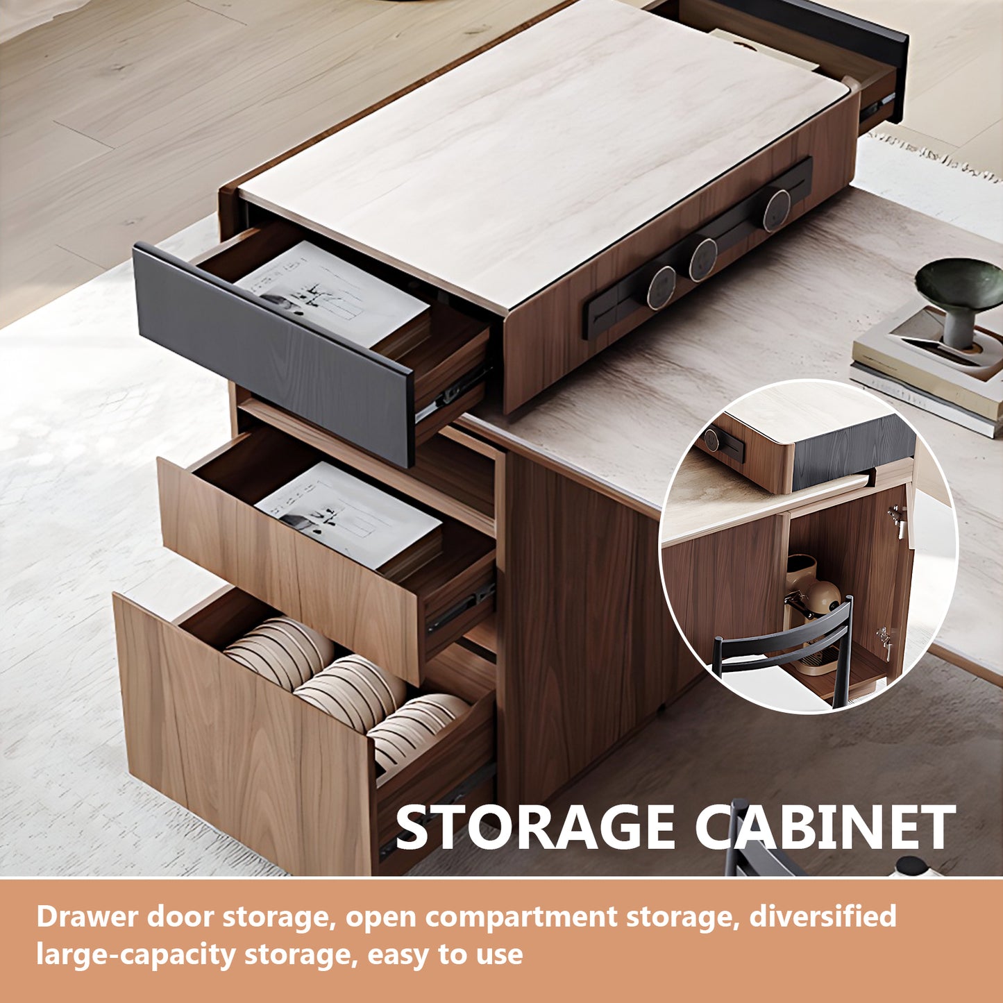 Aihm-Lon Kitchen Island with Extendable Table Wheels Drawers 61.03"-76.77"