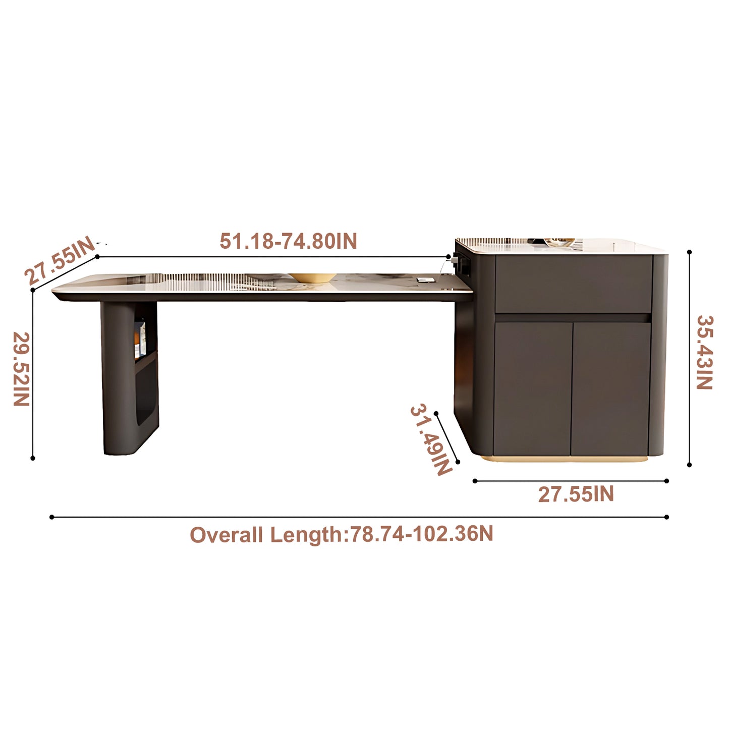 Aihm-Lon Kitchen Island with Storage Side Cabinet 66.92"-78.74"