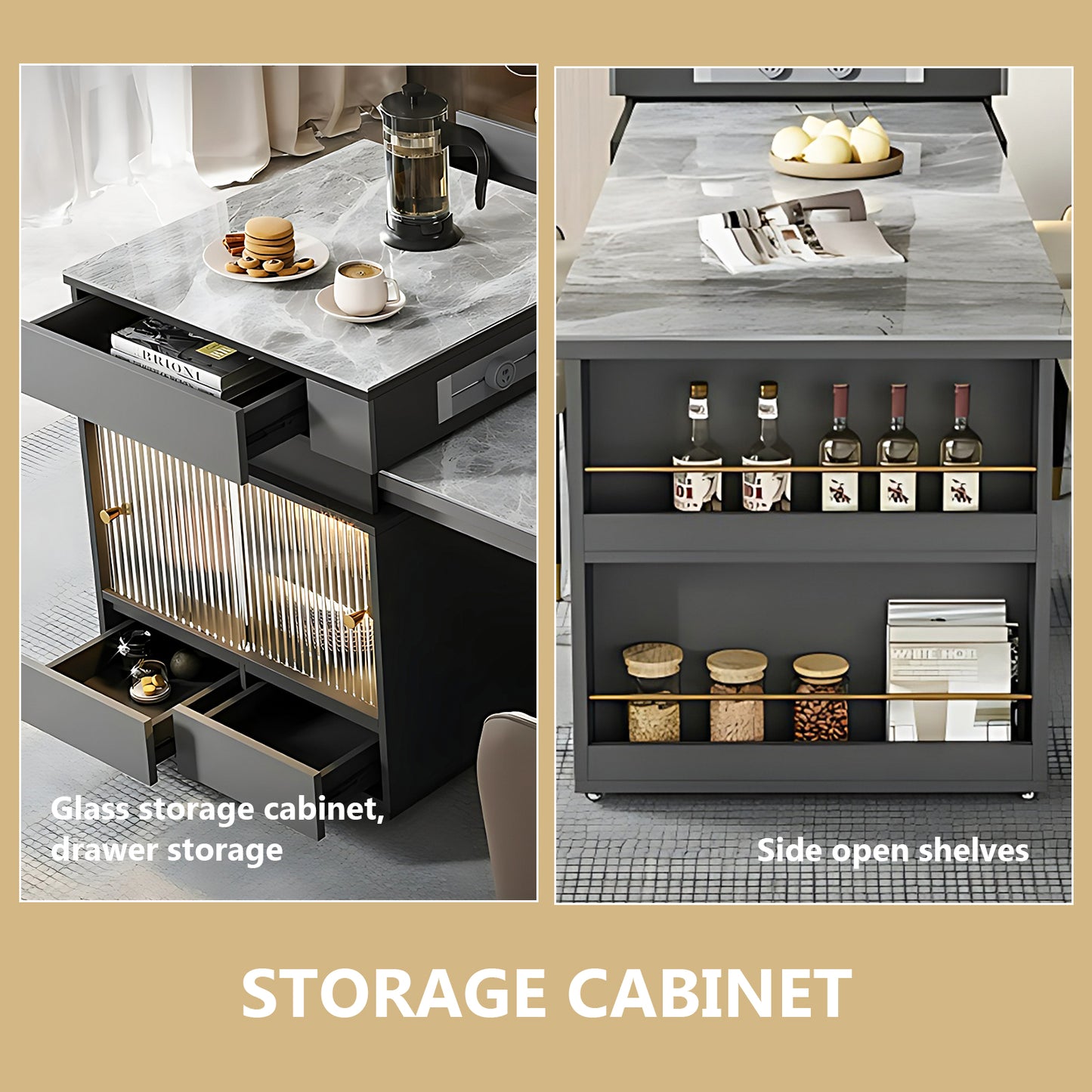 Aihm-Lon  Modern Kitchen Island with Extendable Table 51.18"-66.92"