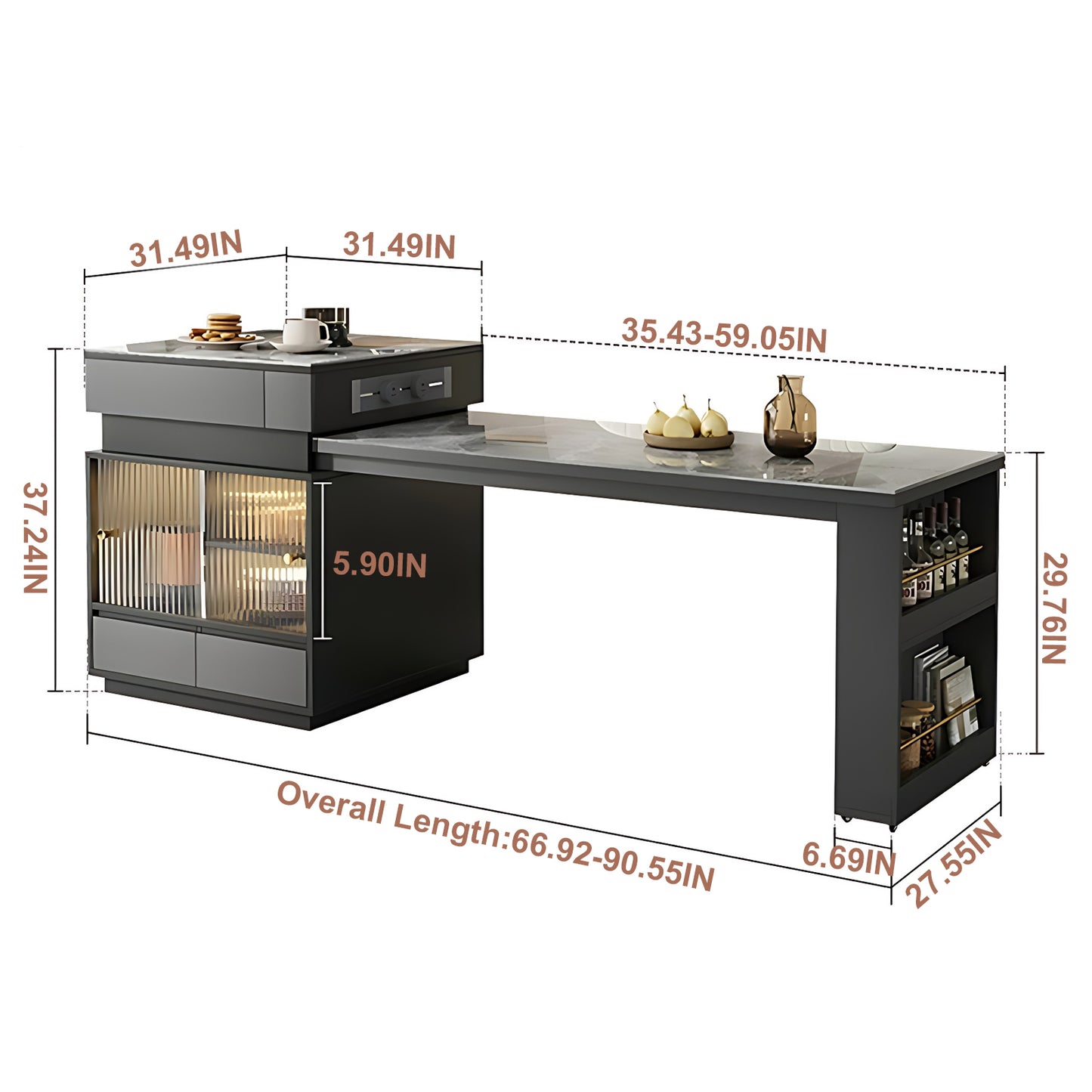 Aihm-Lon  Modern Kitchen Island with Extendable Table 51.18"-66.92"