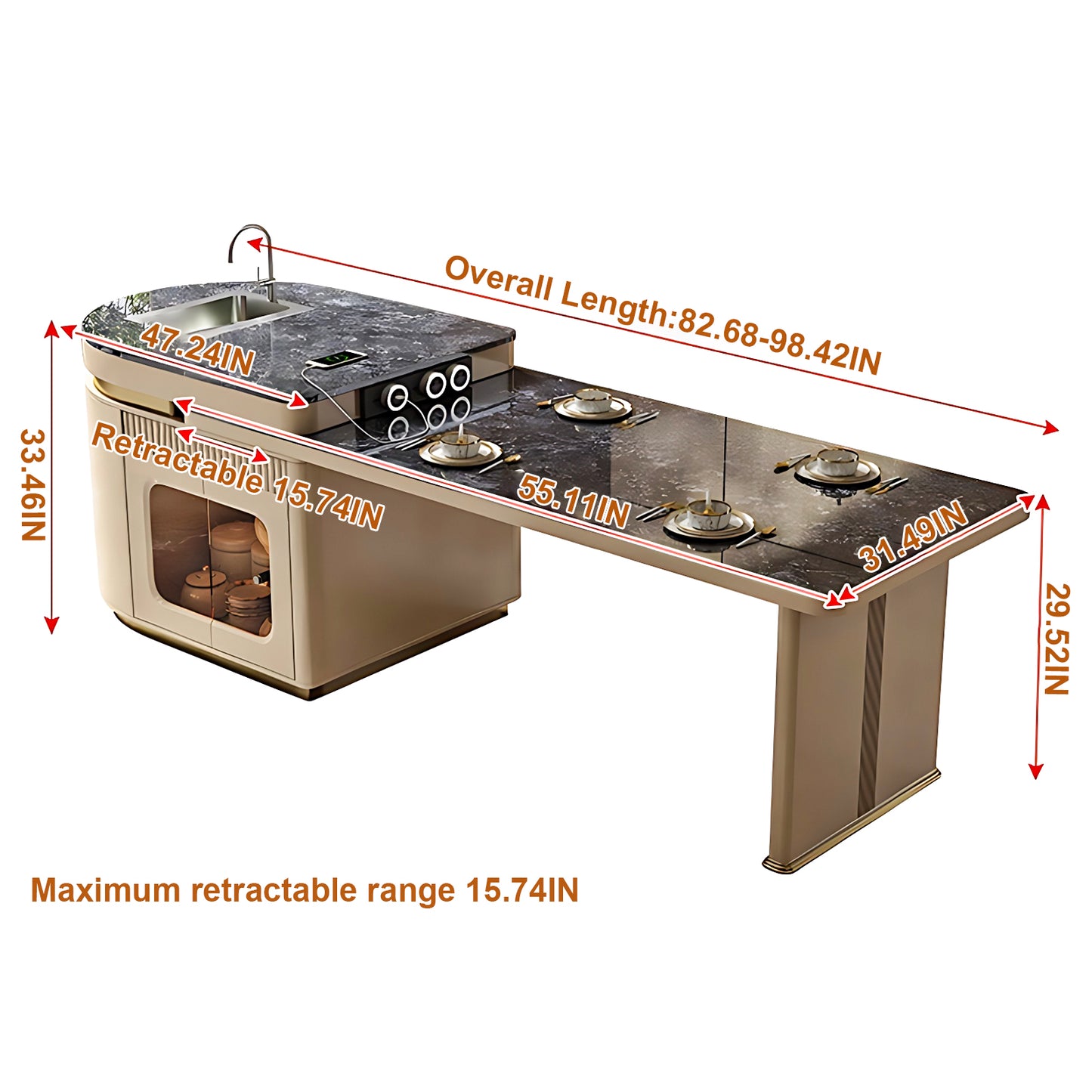 Aihm-Lon Kitchen Island with Extendable Dining Table with Sink 82.68"-98.43"