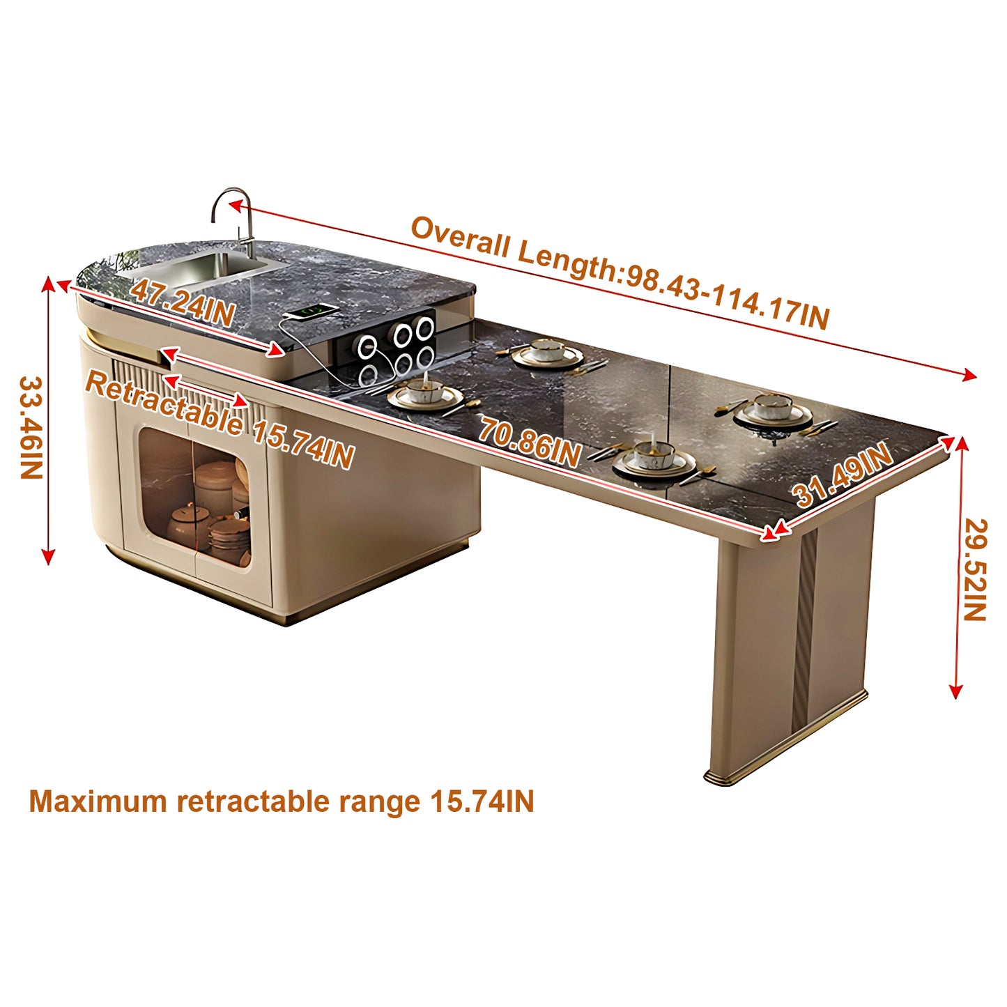 Aihm-Lon Kitchen Island with Extendable Dining Table with Sink 82.68"-98.43"