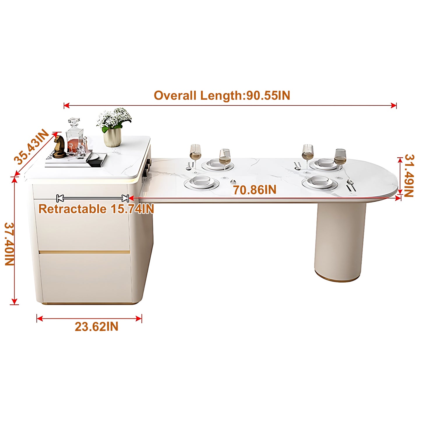 Aihm-Lon Kitchen Island with Drawers Extendable Table 74.80"-90.55"