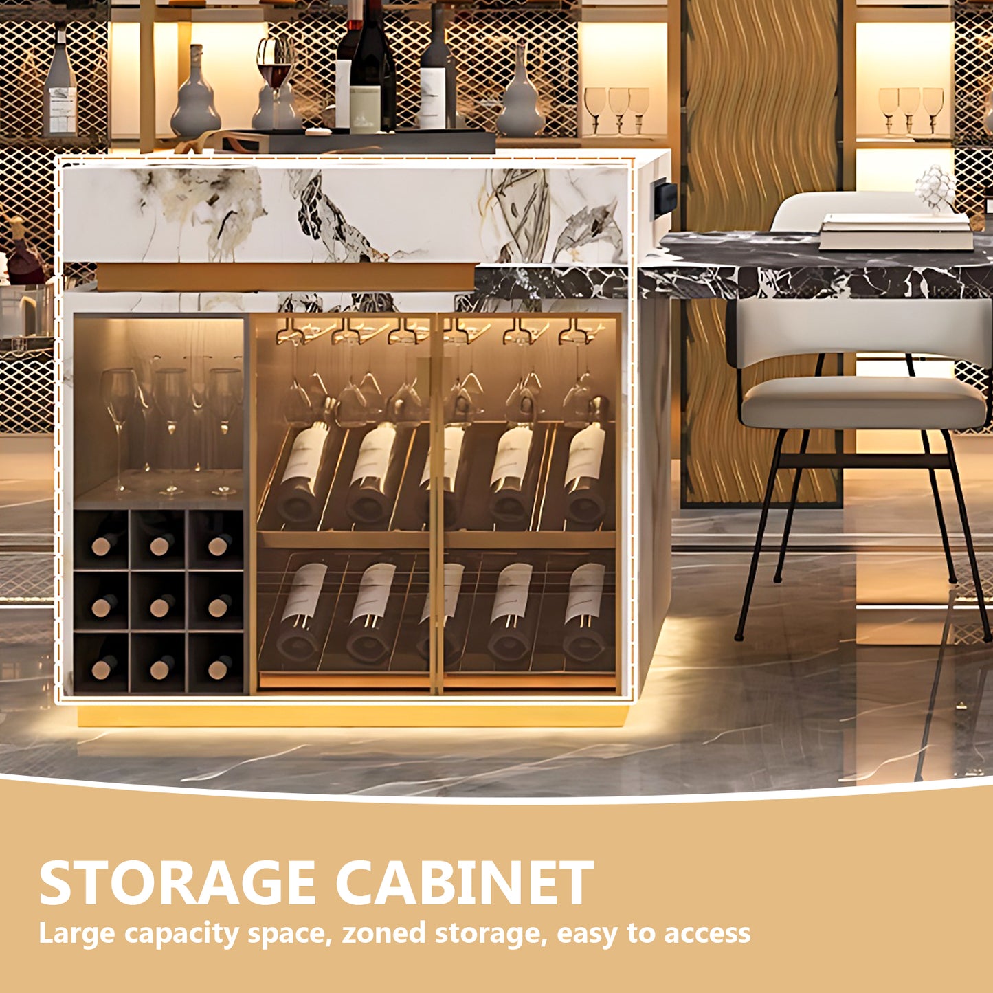 Aihm-Lon Kitchen Island with Extendable Table and Bar Storage 86.61"-98.42"