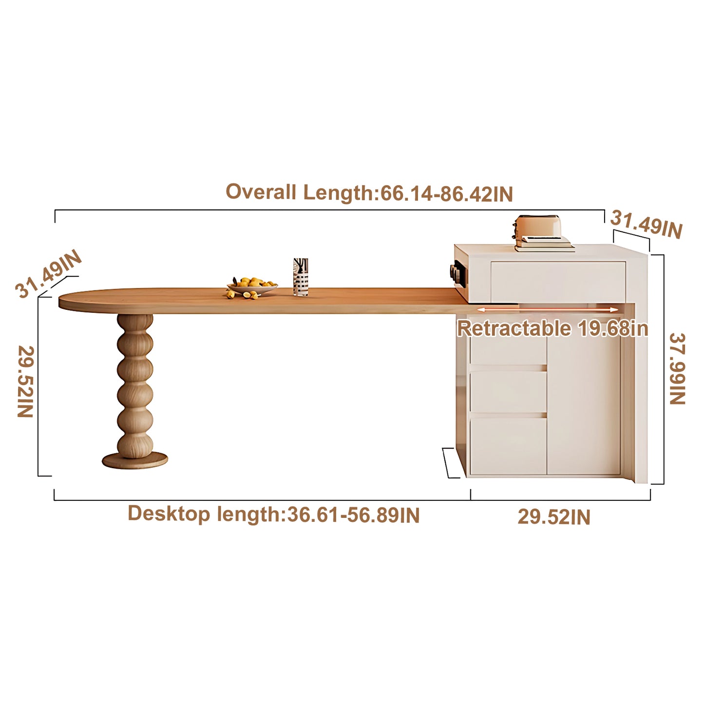 Aihm-Lon Kitchen Island with Wood Extendable Dining Table 66.14"-81.88"