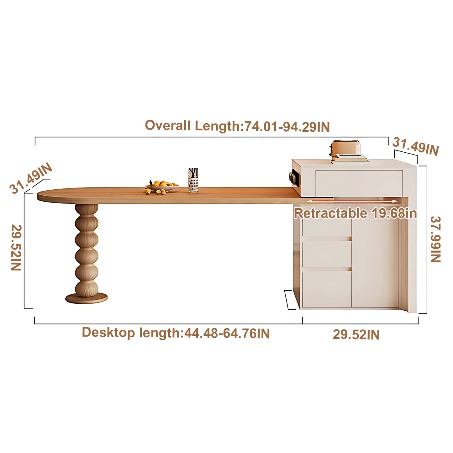 Aihm-Lon Kitchen Island with Wood Extendable Dining Table 66.14"-81.88"