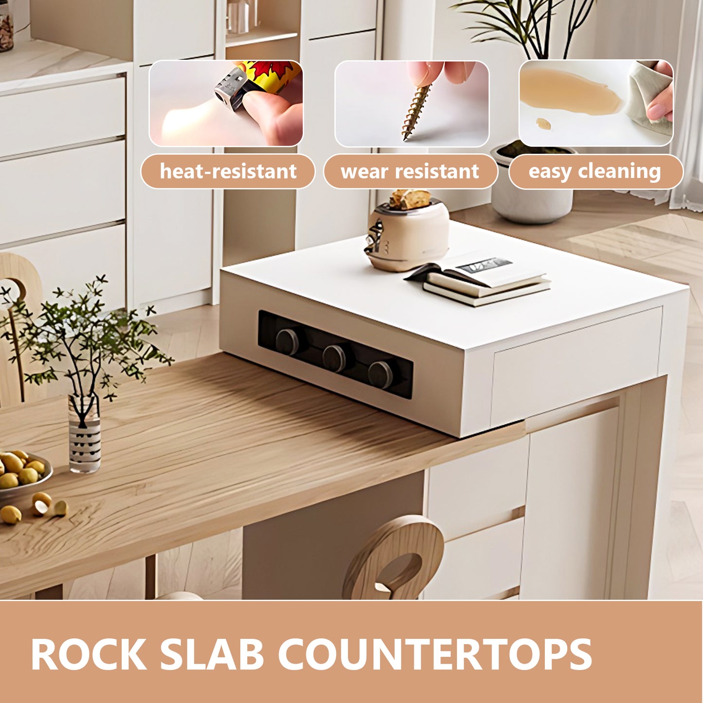 Aihm-Lon Kitchen Island with Wood Extendable Dining Table 66.14"-81.88"