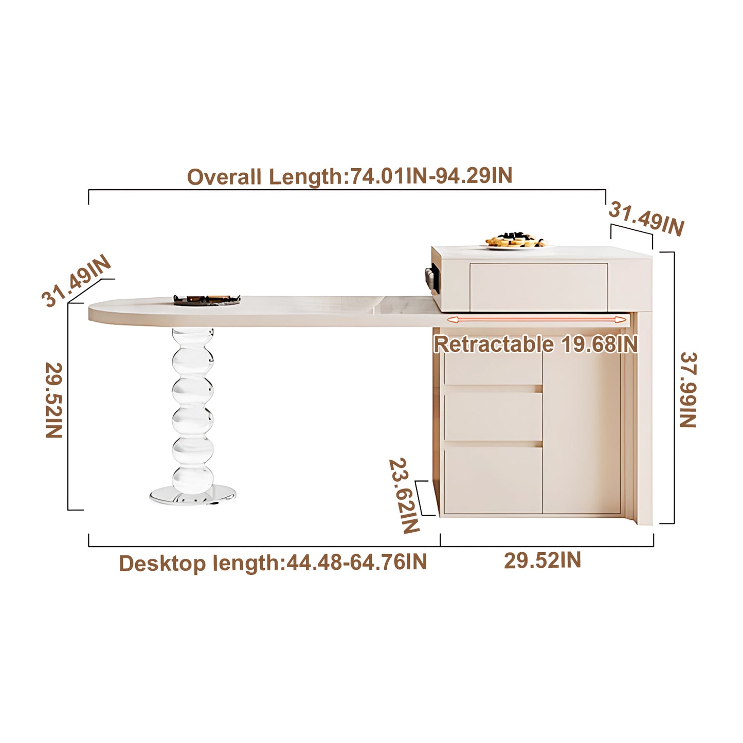 Aihm-Lon Kitchen Island with Pull Out Cabinets and Extendable Table 66.14"-81.88"