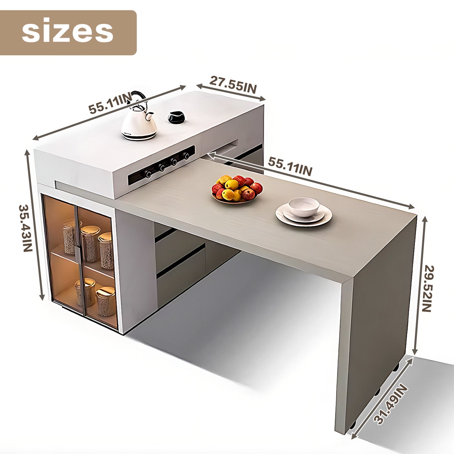 Aihm-Lon Extendable Adjustable Kitchen Island Dining Table with Wheels 55.11"