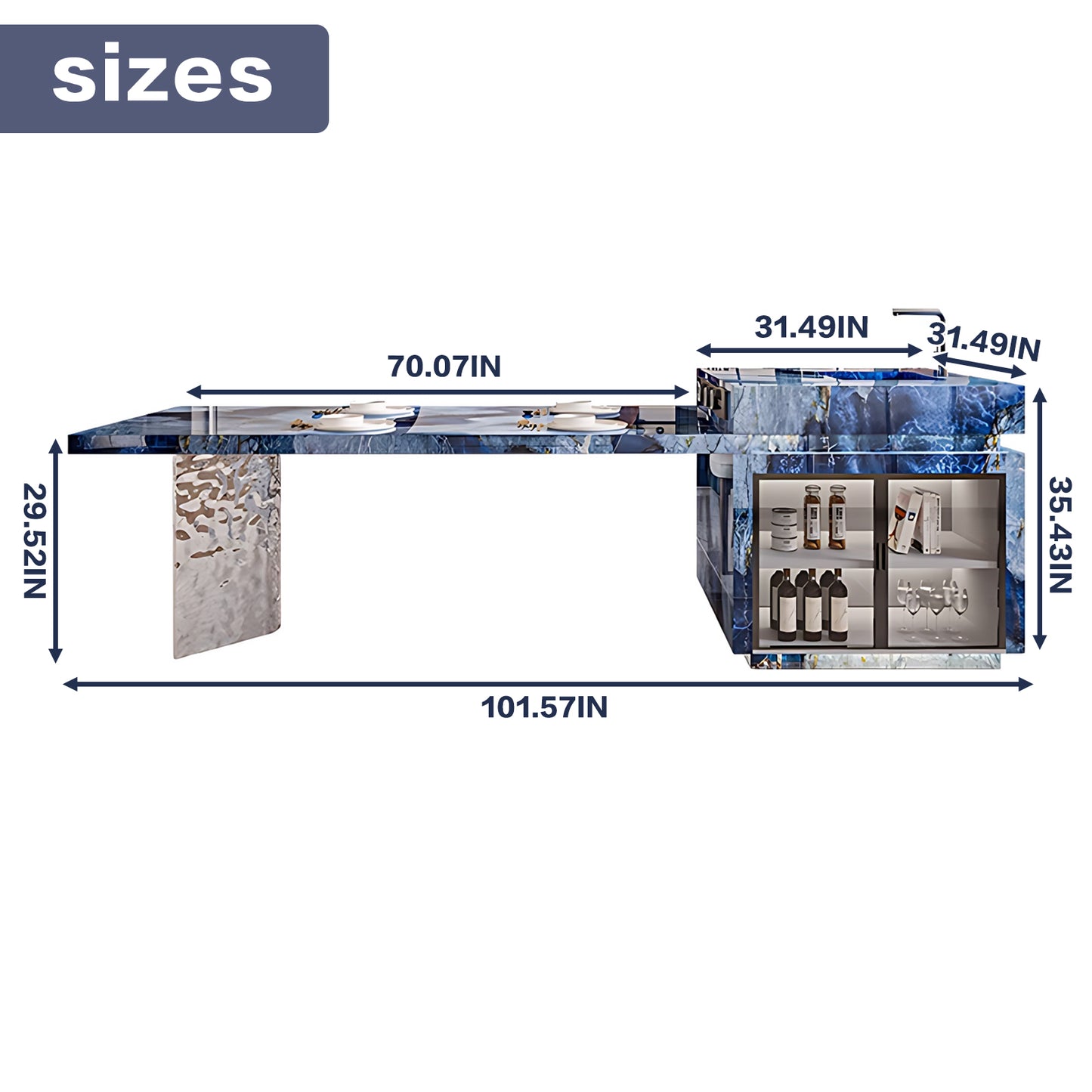 Aihm-Lon Blue Kitchen Island with Extendable Dining Table 94"-110"