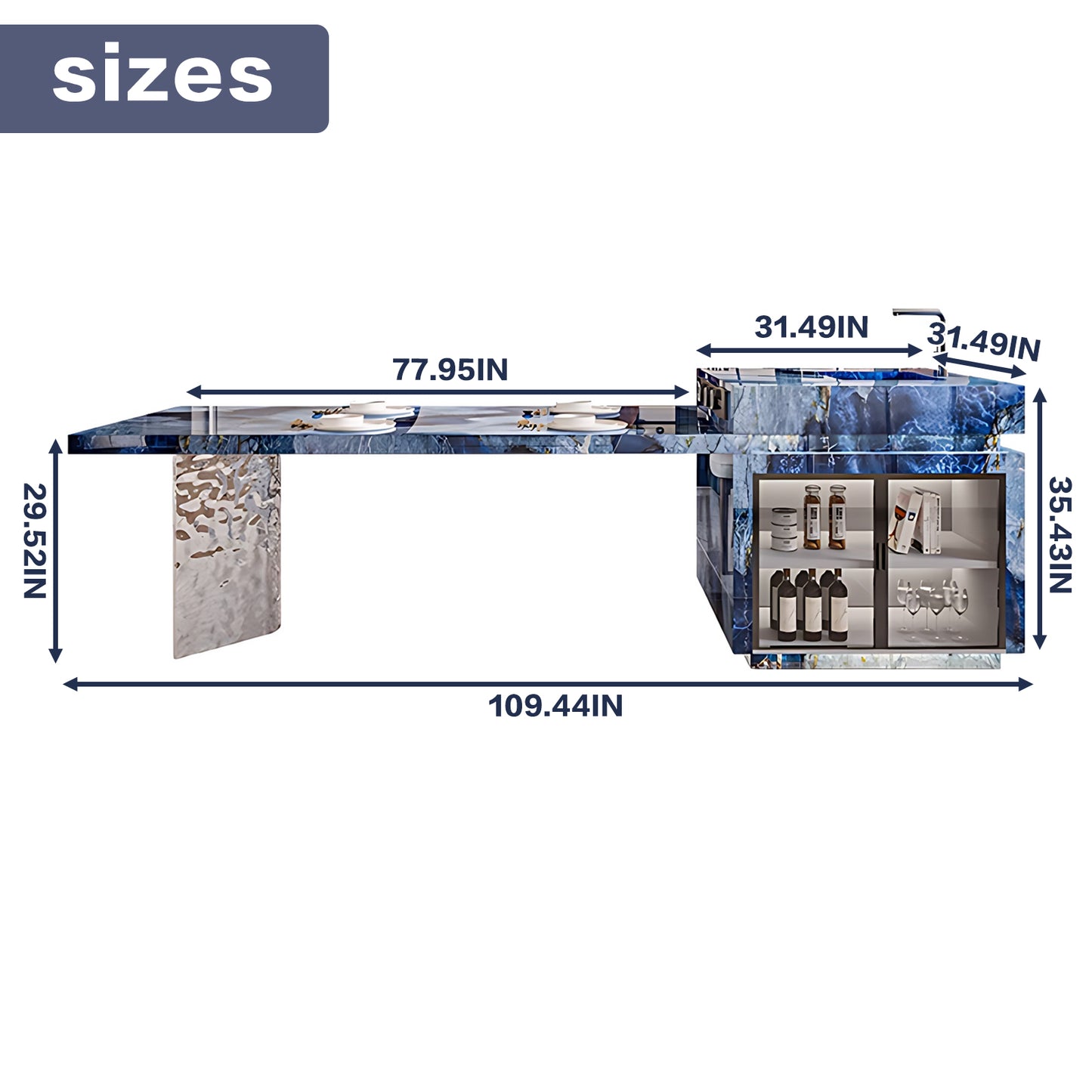 Aihm-Lon Blue Kitchen Island with Extendable Dining Table 94"-110"