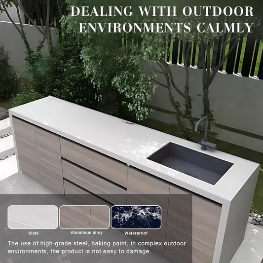 Outdoor Laundry Utility Sink Cabinet Gray Simple Design and Aluminum Alloy Cabinet Door Panel Kitchen Table Stainless Steel Sink Slate Textured Countertop(78.74IN)