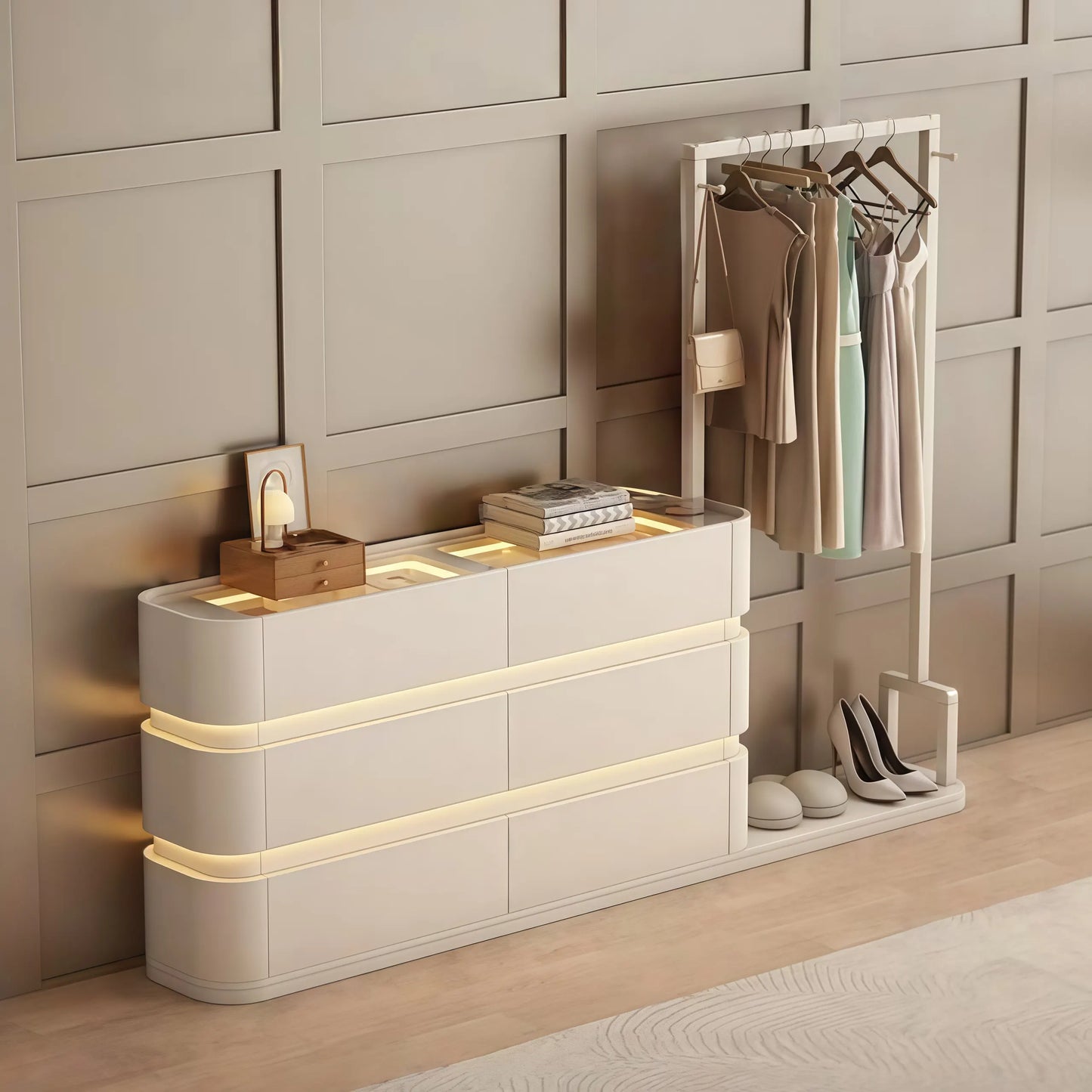 Aihm-Lon Modern Clothes Rack with Transparent Glass Storage&Ambient Lighting 49’’-75’’