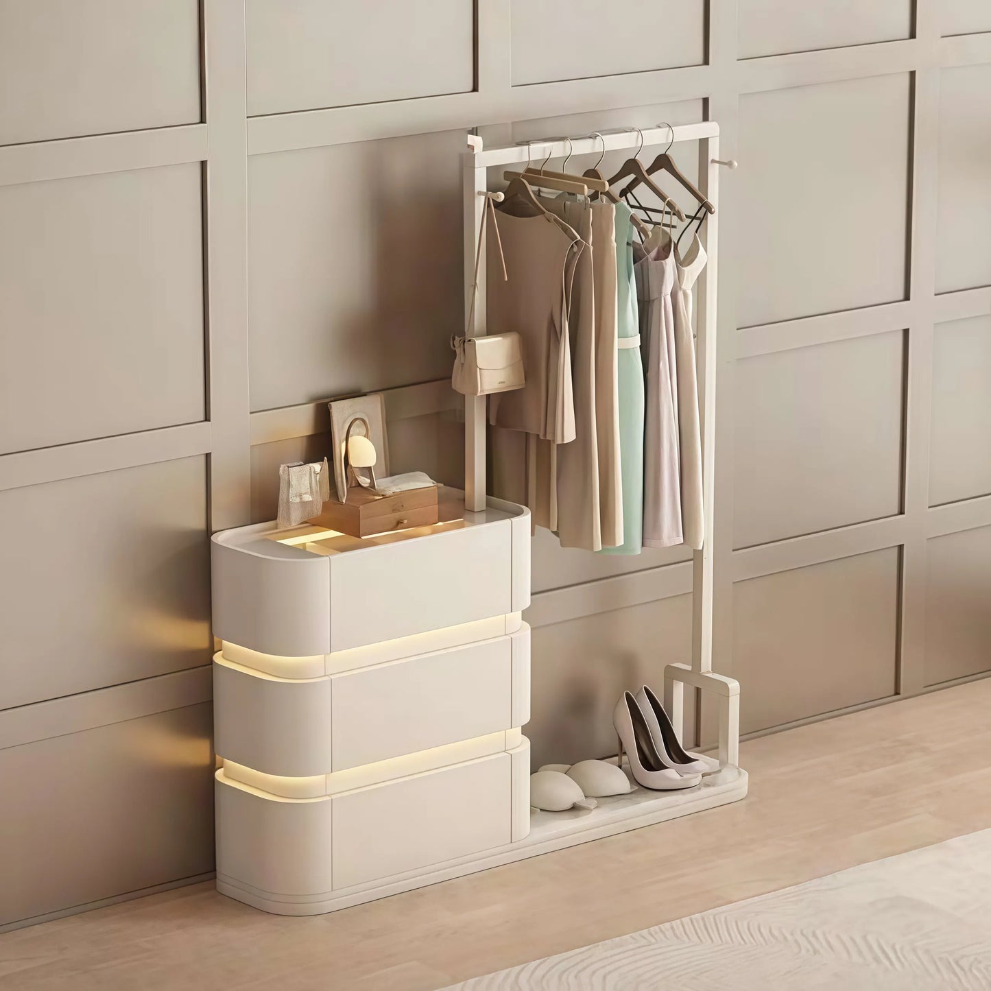 Aihm-Lon Modern Clothes Rack with Transparent Glass Storage&Ambient Lighting 49’’-75’’