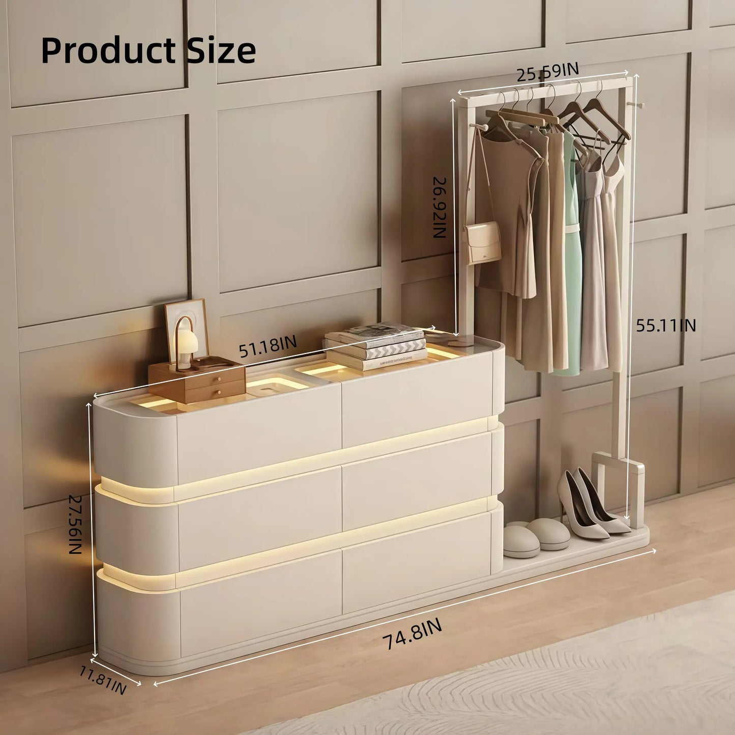 Aihm-Lon Modern Clothes Rack with Transparent Glass Storage&Ambient Lighting 49’’-75’’