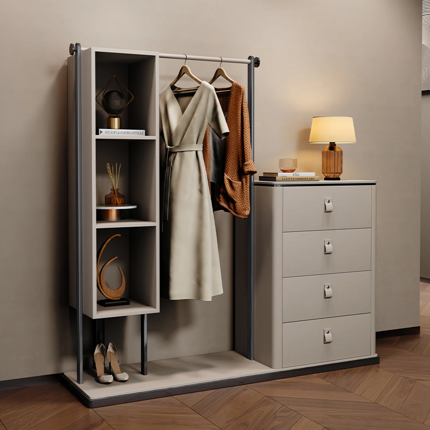 Aihm-Lon Spacious Clothes Rack with Storage Compartments&Slate Countertop 51’’-59’’