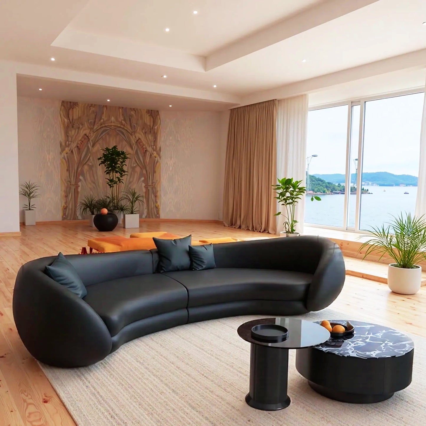 Aihm-Lon Commercial Grade Black Curved Sofa Set with Table and Chair 94"-157"