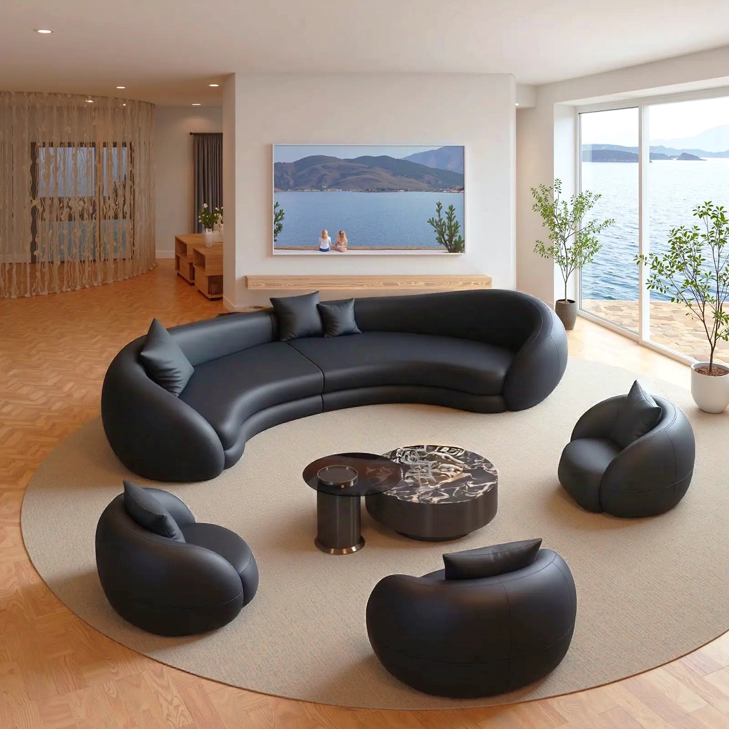 Aihm-Lon Commercial Grade Black Curved Sofa Set with Table and Chair 94"-157"