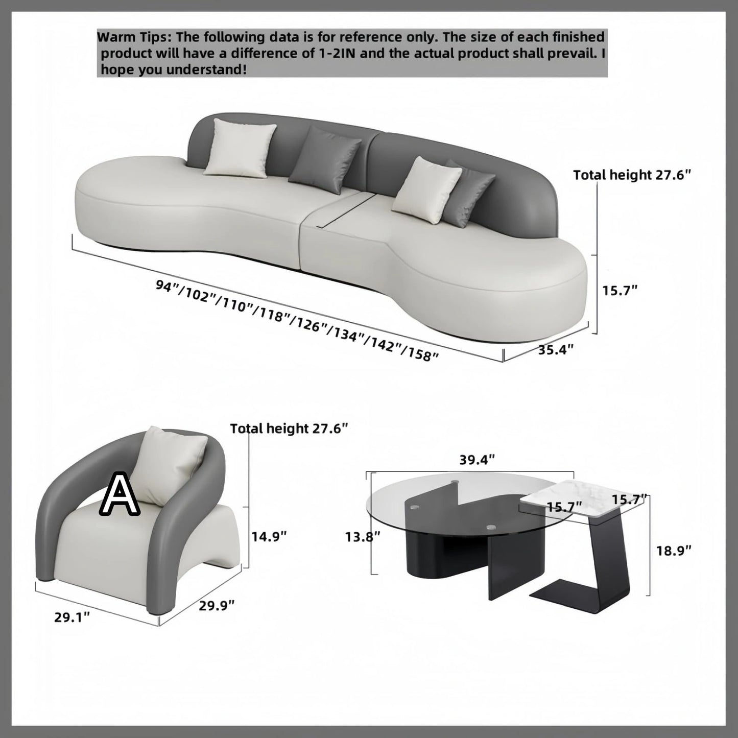 Aihm-Lon Commercial Grade Curved Grey Sofa Set with Table Chair 94"-158"
