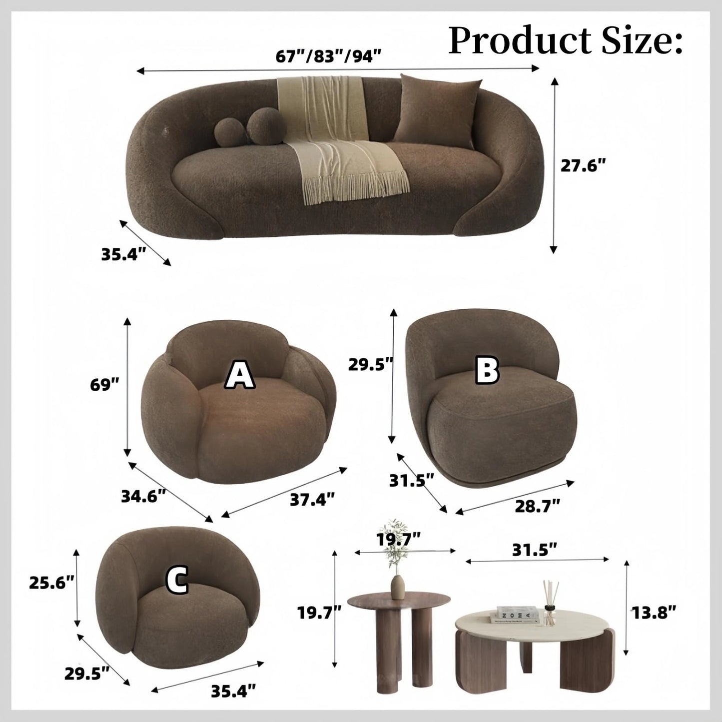 Aihm-Lon Commercial Grade sofa Set with Wood Coffee Table and Chair 67"-94"