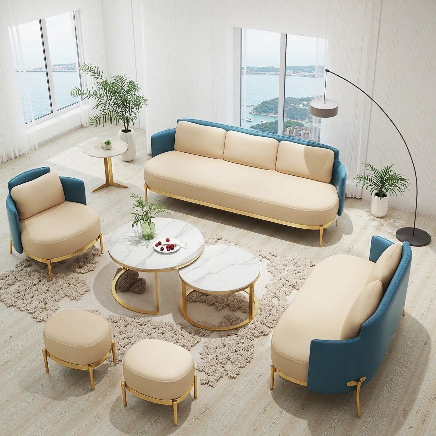 Aihm-Lon Commercial Grade Beige Minimalist Sofa Set with Stool and Coffee Table 71"