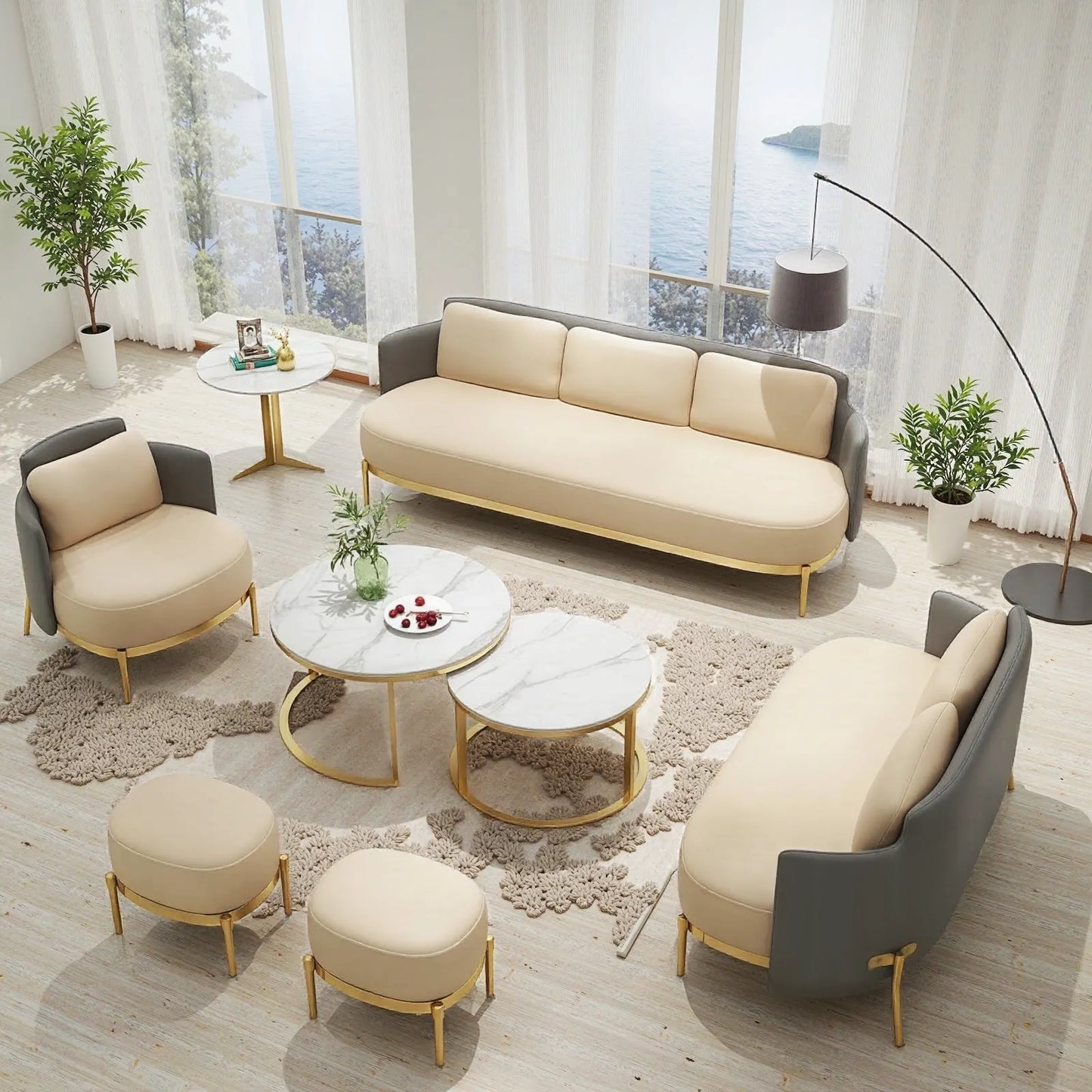 Aihm-Lon Commercial Grade Beige Minimalist Sofa Set with Stool and Coffee Table 71"