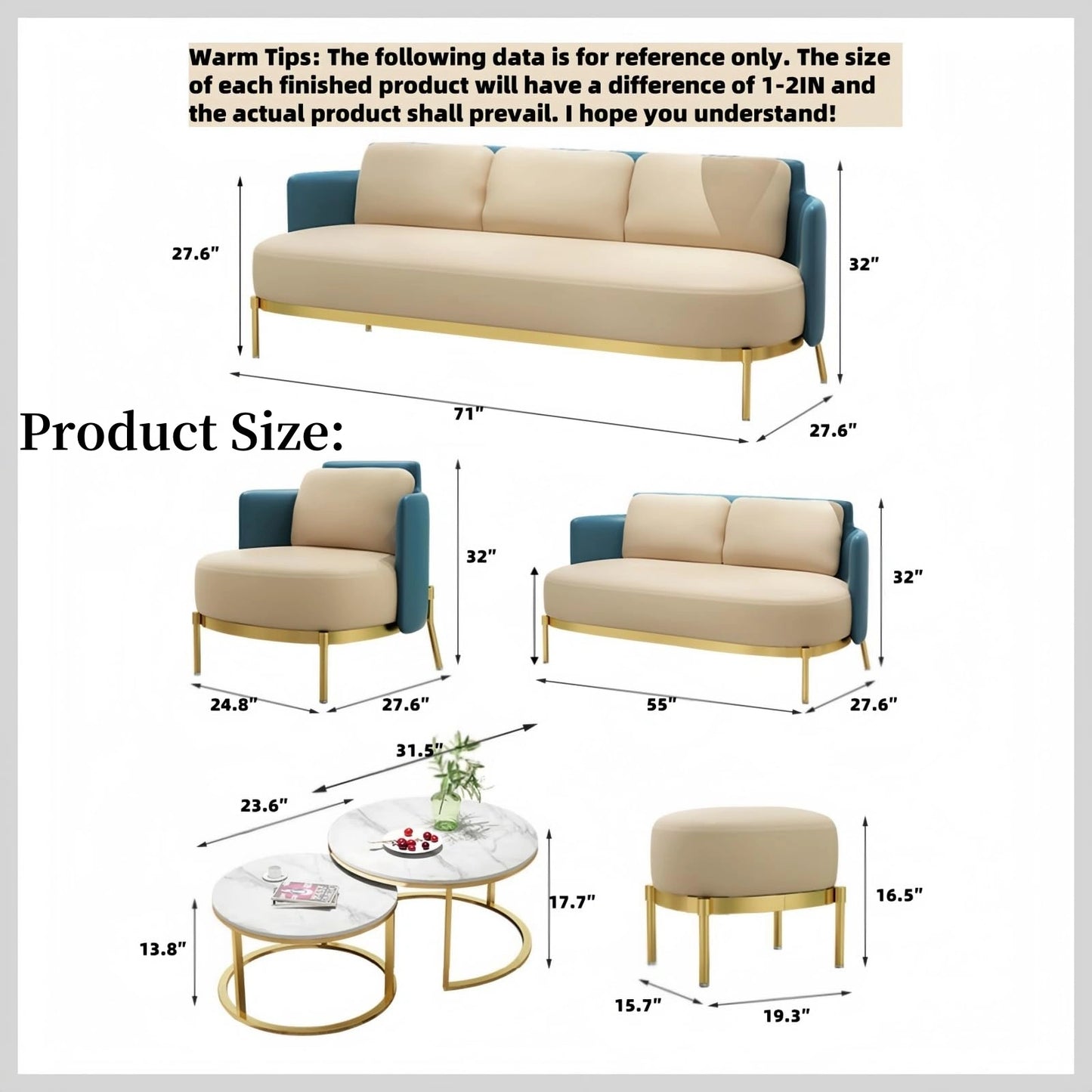 Aihm-Lon Commercial Grade Beige Minimalist Sofa Set with Stool and Coffee Table 71"