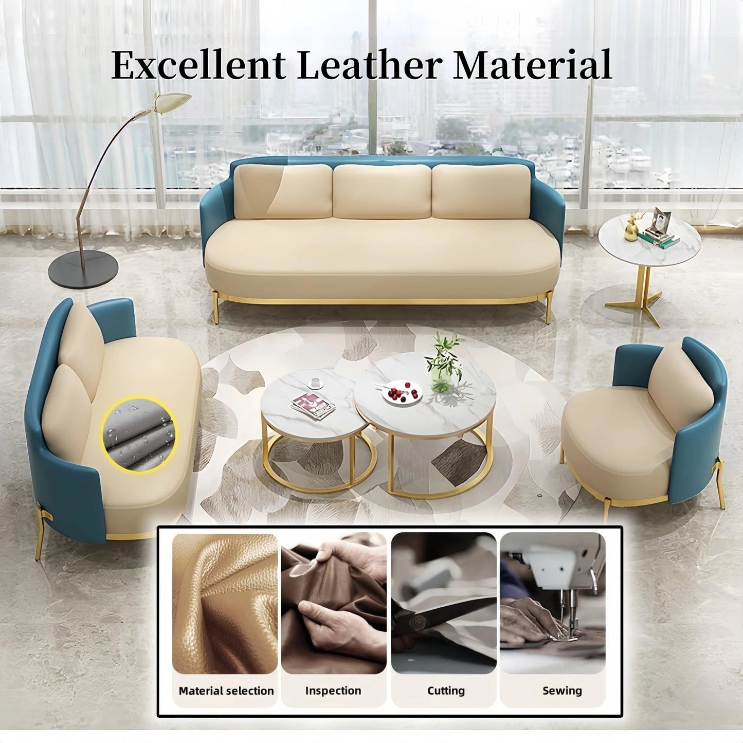 Aihm-Lon Commercial Grade Beige Minimalist Sofa Set with Stool and Coffee Table 71"