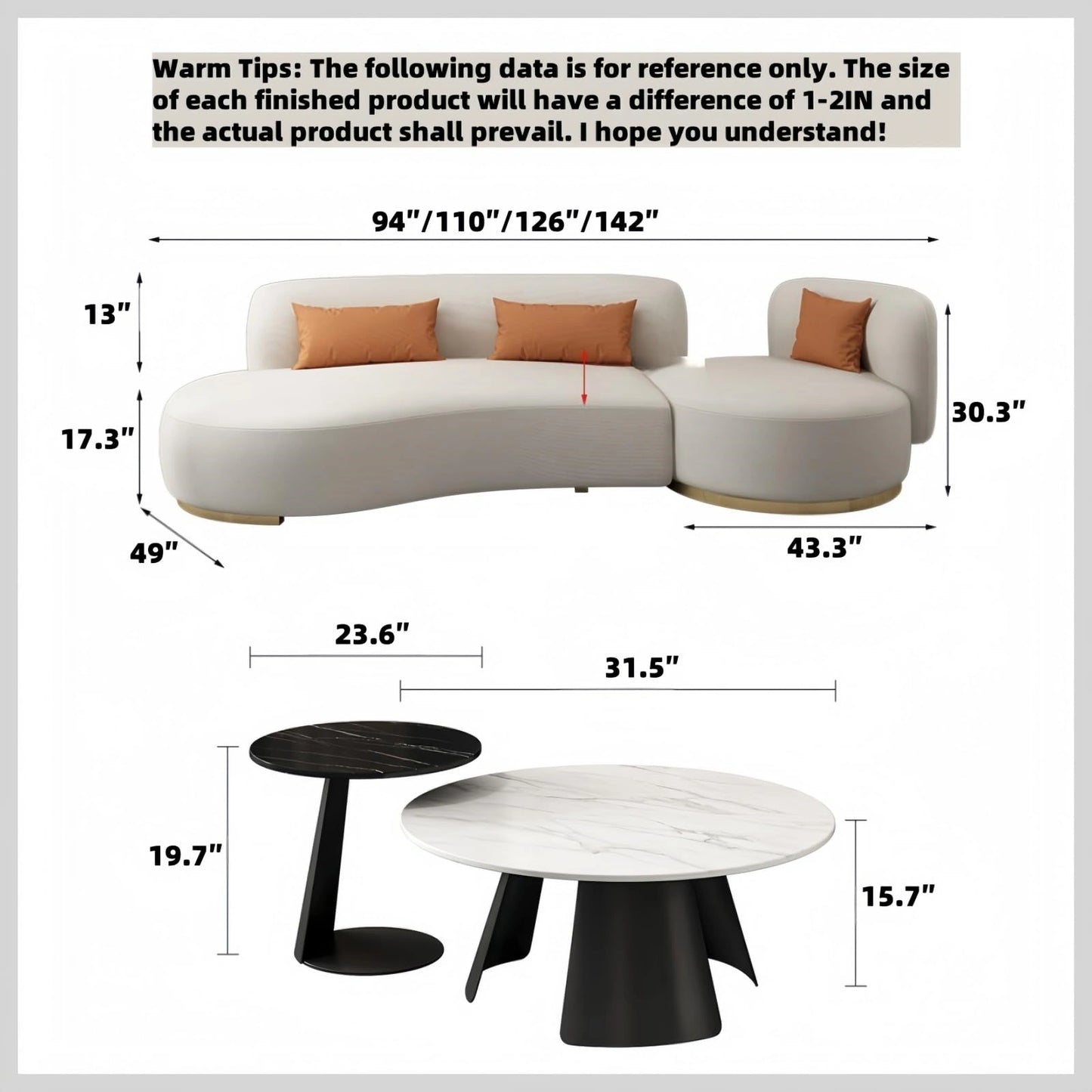Aihm-Lon Commercial Grade  Sectional Sofa Set with Stool and Coffee Table 94"-142"