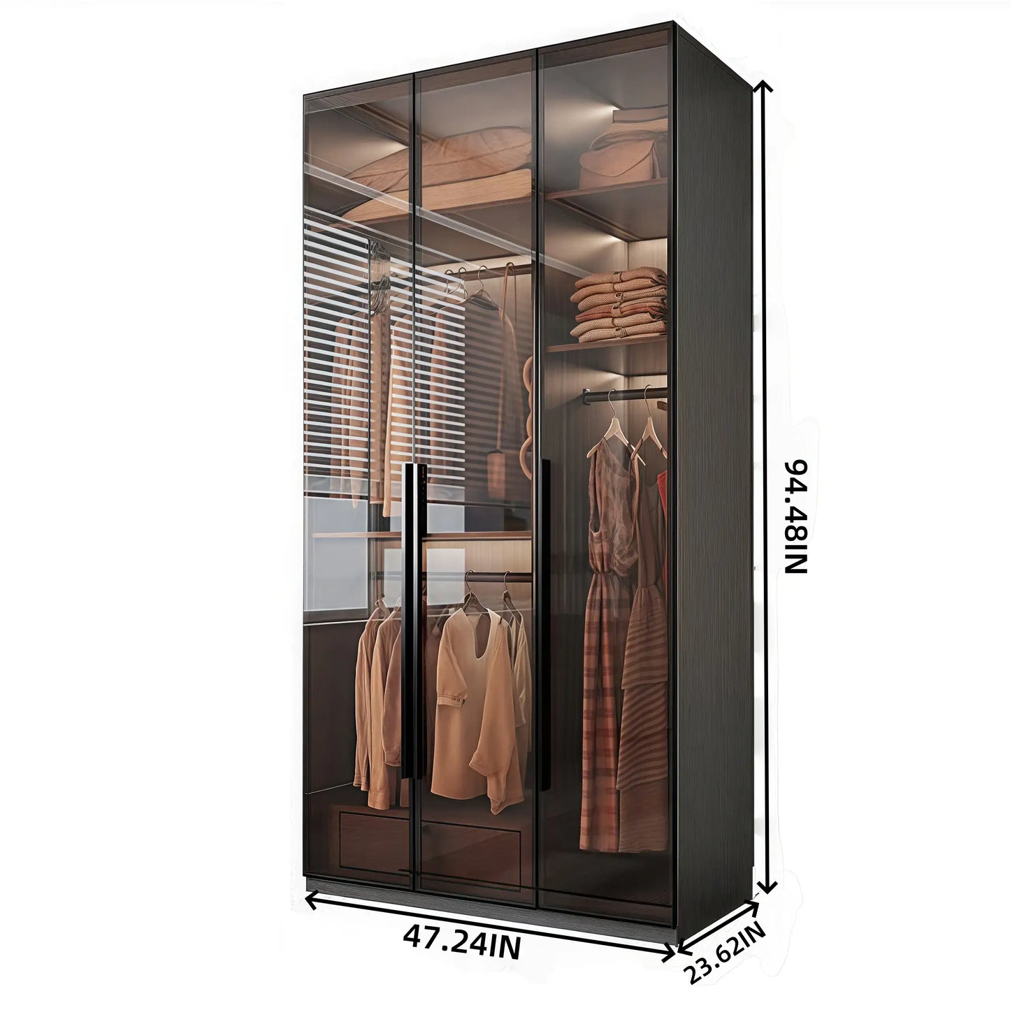 Aihm-Lon Luxurious Wardrobe with Glass Doors Drawers and Shelves 35"-94"