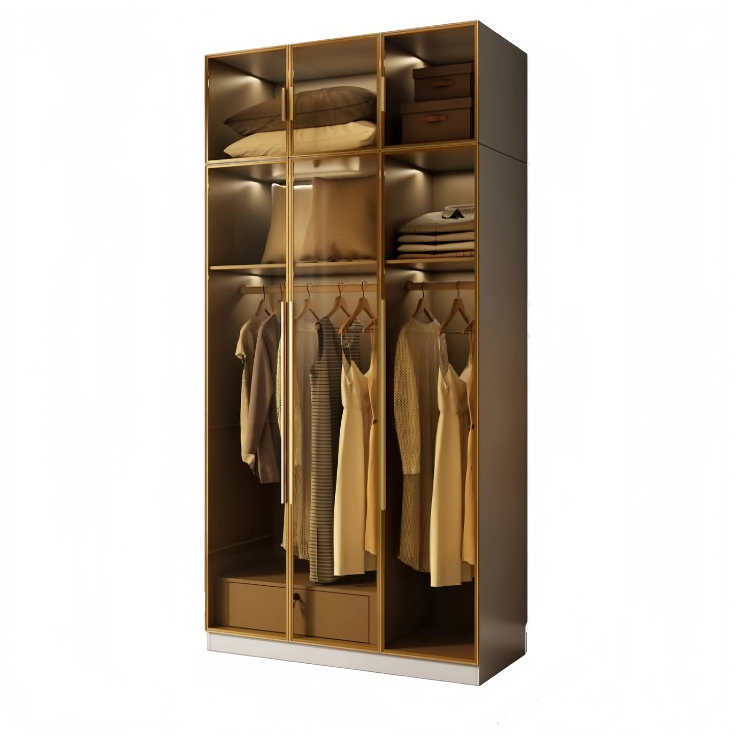 Aihm-Lon Wardrobe with Glass Door Drawers Shelves and Light 63"-95"